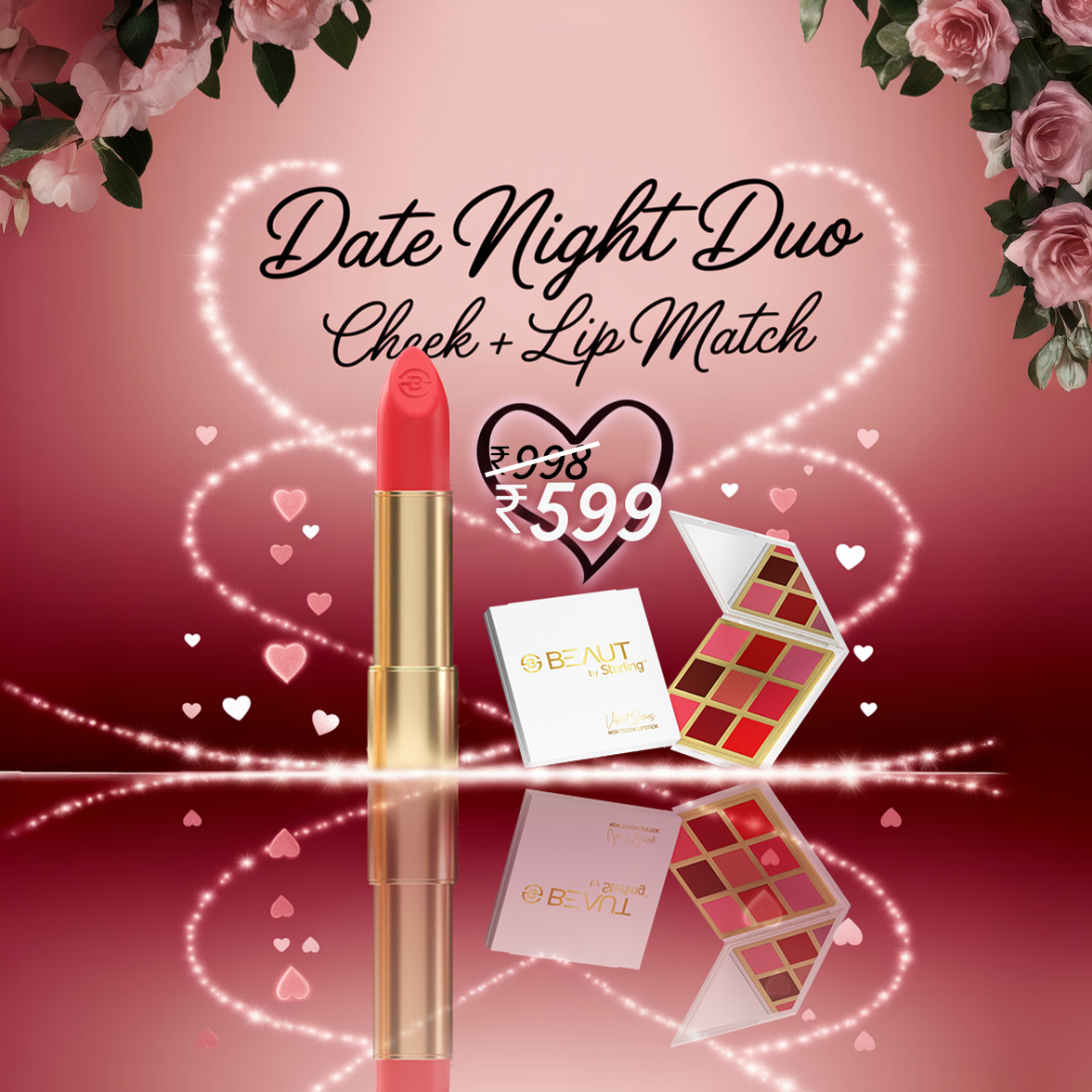 Date Night Duo – 4-in-1 Multi-Use Makeup Palette (Eyeshadow, Blusher, Highlighter, Lip Color) + 12HR Intense Matte Lipstick, Smudge-Proof & Transfer-Proof
