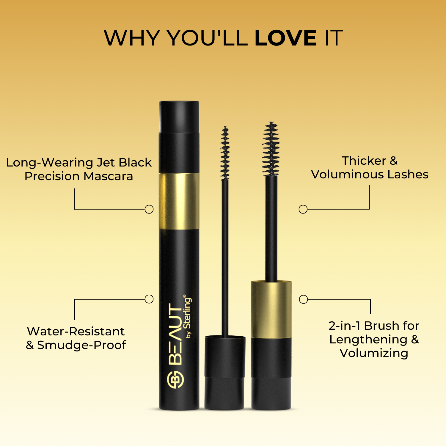 2-in-1 Lengthening & Volumizing Mascara - Black, Smudge-proof & Waterproof, Long Lasting, Lightweight & Quick Drying (7 ml)