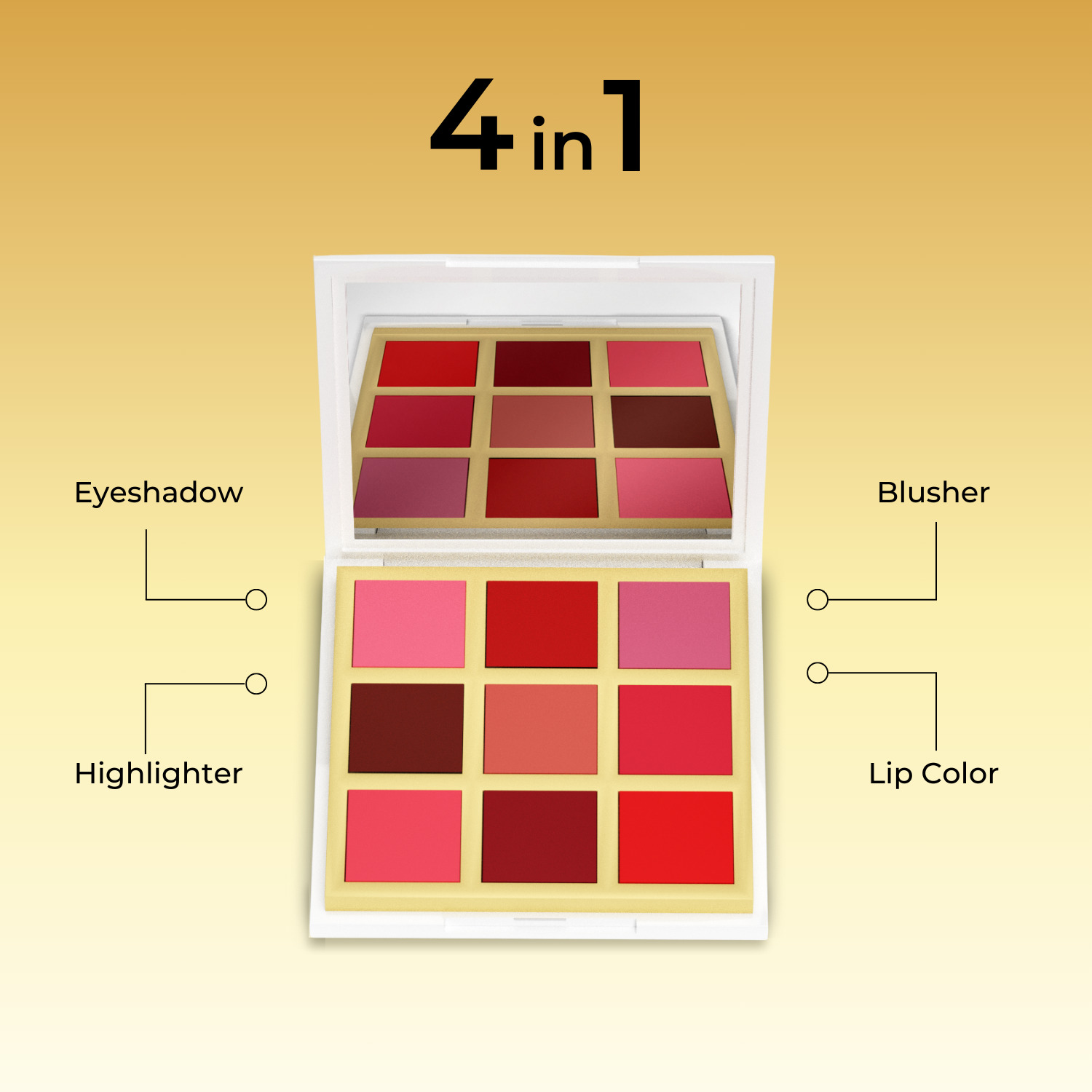 4-in-1 Multi-Use Makeup Palette, Use as Eyeshadow, Blusher, Highlighter or Lip Color, Includes 9 Shades (13.5 g)