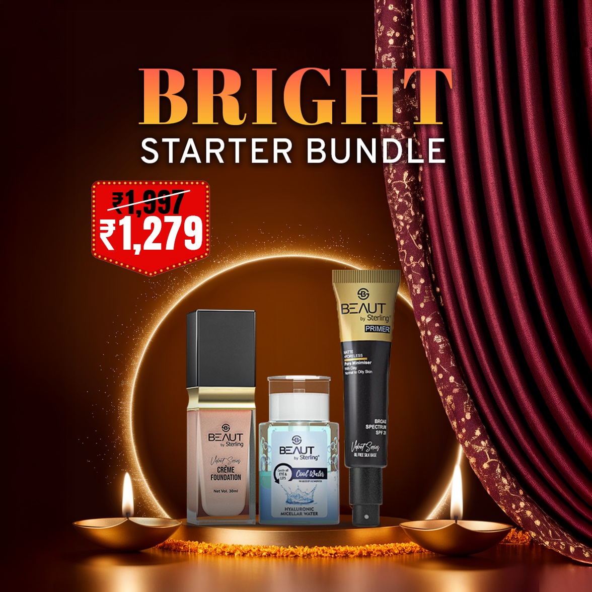 Bright Starter Bundle – Pore Minimizing Matte Primer, Micellar Cleansing Water, & Full Coverage Crème Foundation | Long-Lasting, Radiant & Flawless Finish