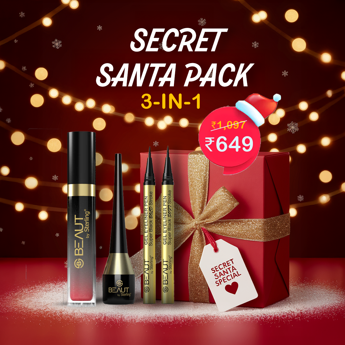Secret Santa Pack 3-in-1 Makeup Set: Vitamin-E Rich Colored Lip Gloss + Liquid Matte Eyeliner 24HR + Semi-Matte Gel Eyeliner Pen, Smudge-Proof & Waterproof