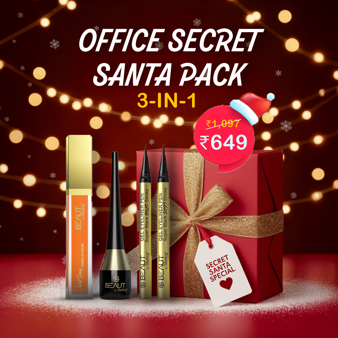 Office Secret Santa Pack – 3-in-1 Makeup Set: Intense Matte Lip Color 12HR + Liquid Matte Eyeliner 24HR + Semi-Matte Gel Eyeliner Pen, Smudge-Proof & Waterproof