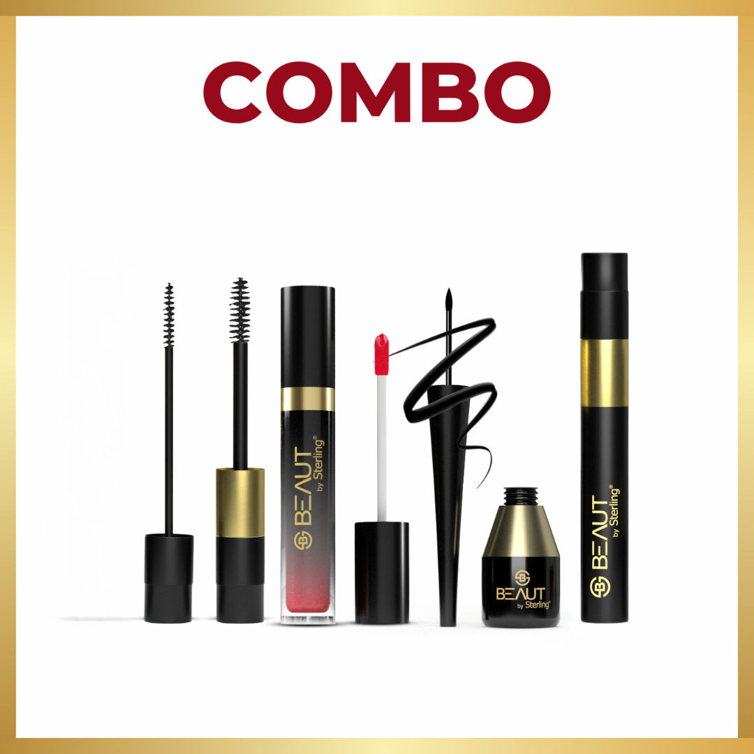 Beaut Glam Combo – 2-in-1 Mascara, Matte Eyeliner & Lip Gloss | Waterproof, Long-Lasting & Festive-Ready Look