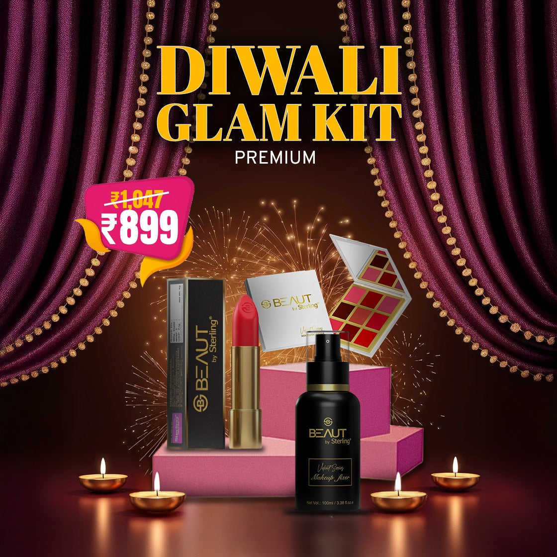 Diwali Glam Kit – Premium 4-in-1 Makeup Palette with 9 Shades + Long-Lasting Matte Lipstick & Vitamin E Makeup Fixer Spray