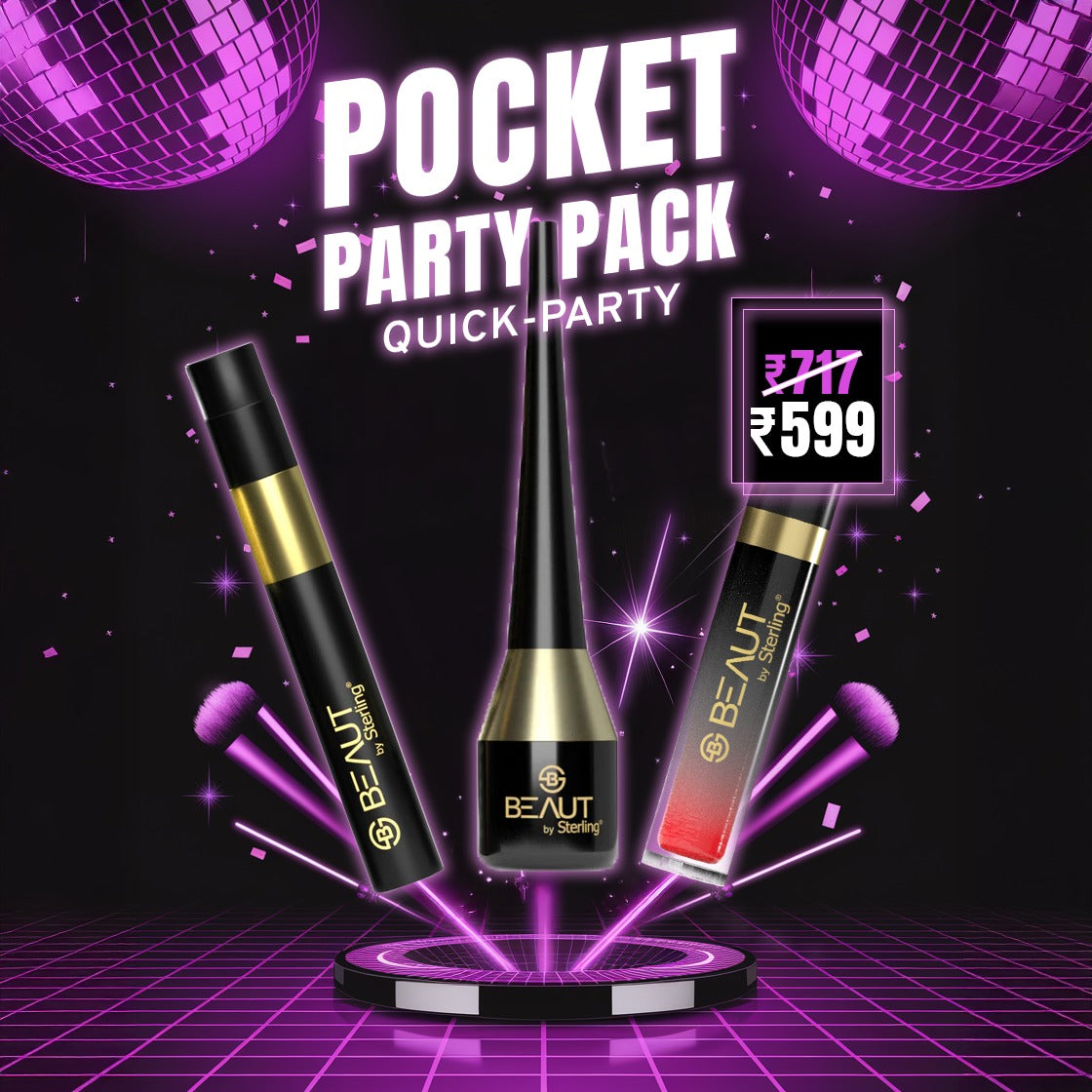 Pocket Party Pack – Quick-Party Liquid Matte Eyeliner & 2-in-1 Lengthening Mascara (Smudge-Proof, Waterproof, 24HR) + Vitamin E Colored Lip Gloss