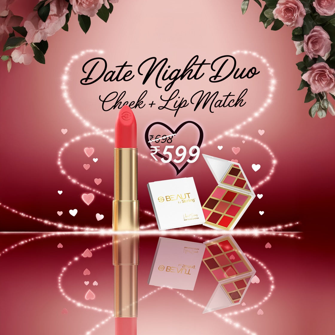 Date Night Duo – 4-in-1 Multi-Use Makeup Palette (Eyeshadow, Blusher, Highlighter, Lip Color) + 12HR Intense Matte Lipstick, Smudge-Proof & Transfer-Proof