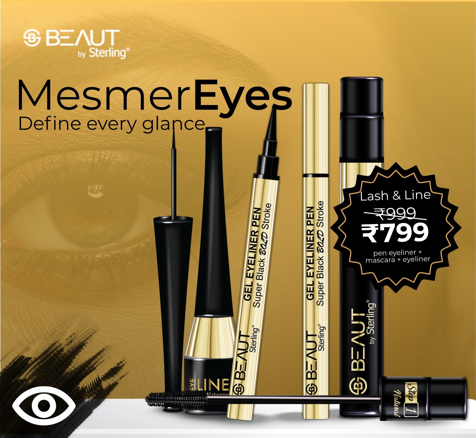 MesmerEyes Lash & Line Combo | Mascara + Semi Matte Gel Eyeliner Pen + Liquid Eyeliner (Waterproof, Smudge-Proof, 24H Wear)